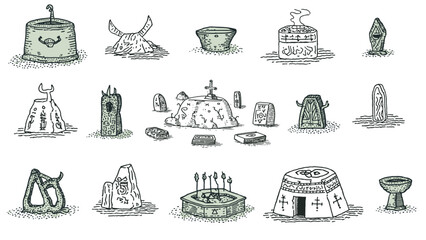 Game vector altars and ritual set separated. Fantasy game ready design simple flat 2d style, illustration doodle style