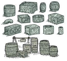 Barrel, crate, chest vector set, illustrations sketch drawing style	