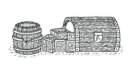 Barrel, crate, chest vector, illustrations sketch drawing style, doodle.