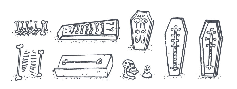 Bones, graves and coffins vector set. illustrations sketch drawing style, doodle 2d