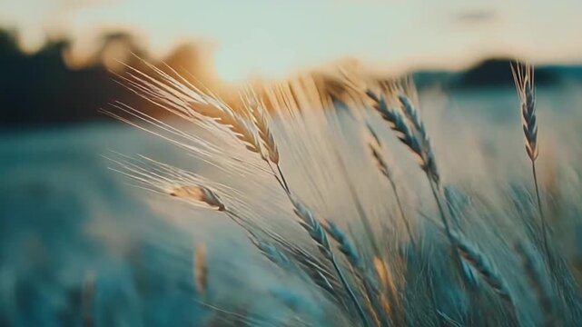 Field grass stalks creating a silhouette against a warm, soft sunset light and blurred natural background, providing a serene and tranquil scene outdoors