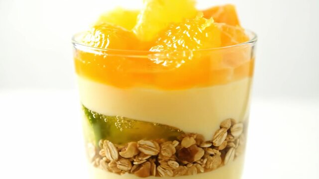 Close-up of Layered Fruit and Yogurt Parfait in Glass with Mandarin Orange Segments, Lime Slice, and Muesli. Healthy, Fresh, and Delicious Breakfast or Dessert on White Background.