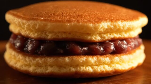 Extreme close-up of traditional Japanese Dorayaki dessert, featuring fluffy golden honey pancakes filled with sweet red bean paste (anko) on a warm wooden surface with dark background.