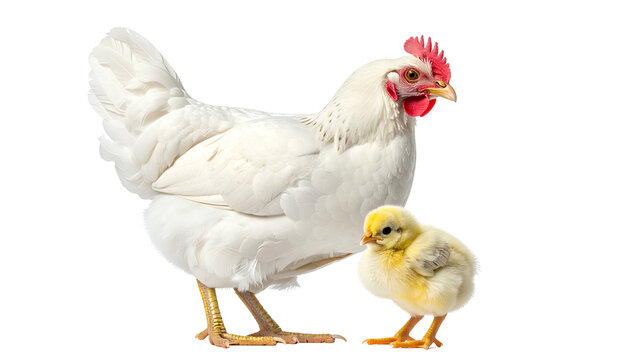 A white hen stands beside a fluffy yellow chick, both isolated on a black background