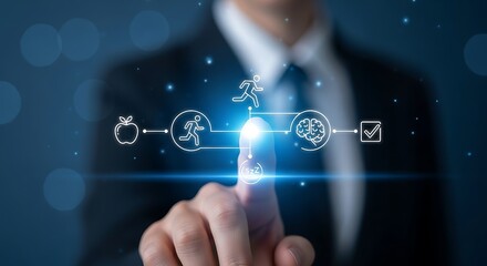 A businessman interacts with a glowing digital network representing health wellness and progress through technology