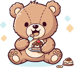Obraz premium Cute Cartoon Teddy Bear Eating Chocolate Cake.