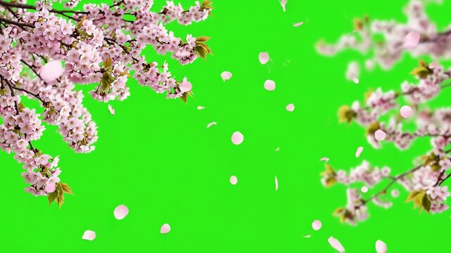 Falling cherry blossom petals on green screen background