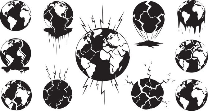 Black and white earth globe destruction icons set collection