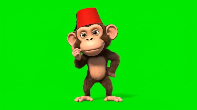 Charming 3D animated monkey in a red fez thinking or having an idea, pointing upwards on a vibrant green screen background, perfect for engaging stock video projects and creative content