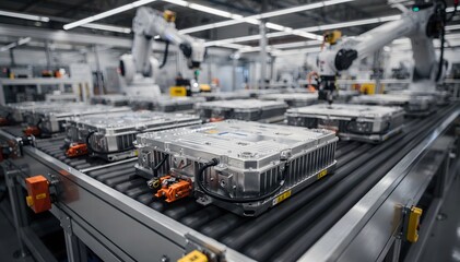 Automated Assembly Line: Robotic Arms Manufacturing Industrial Components in a Modern Factory Setting, High-Tech Production for Automotive & Electronic Industries