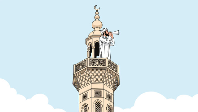 Muslim muezzin stands on a tall minaret of a mosque and uses a loudspeaker to announce the call to prayer across the city.
