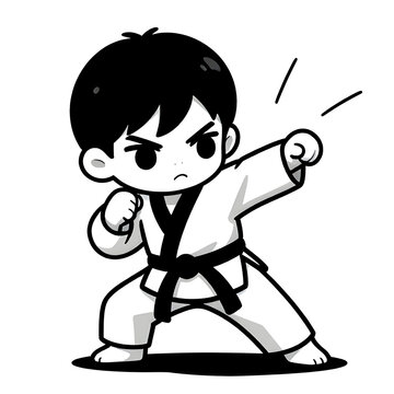 Little baby boy in TAEKWONDO dobok kimono on white background. The concept icon of martial arts, karate, judo, sports since childhood, discipline. Defence concept with copy space.