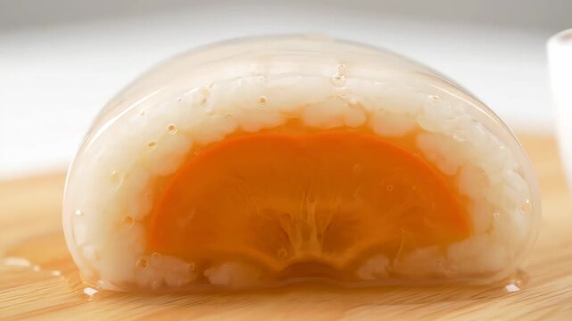 Close-up of a Unique Gelatin Dessert Enclosing an Orange Fruit Slice and White Tapioca Pearls, Glistening on a Wooden Board