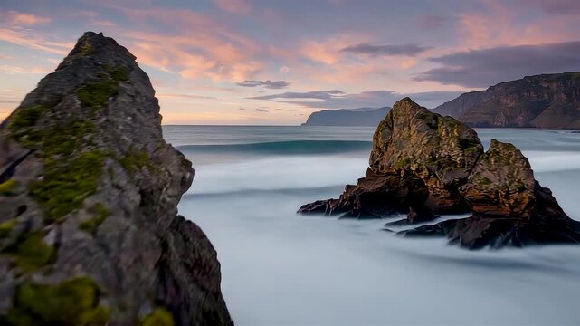 Rocky coastal cliffs and sea stacks at tranquil shoreline during soft sunset light with smooth ocean water and dramatic natural scenery
