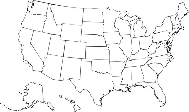 Outline map of the United States with state borders in black and white 3
