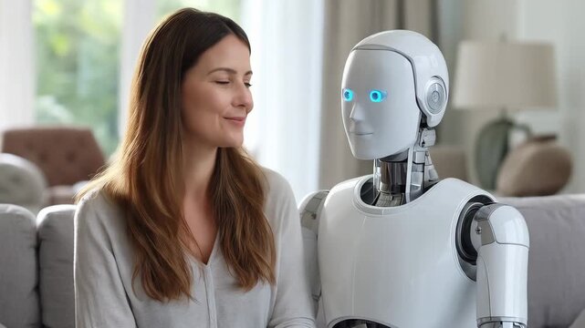 Woman sitting on sofa beside humanoid robot in bright modern living room