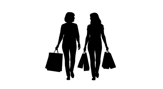 Silhouette of two women walking with shopping bags, representing consumerism and retail therapy.
