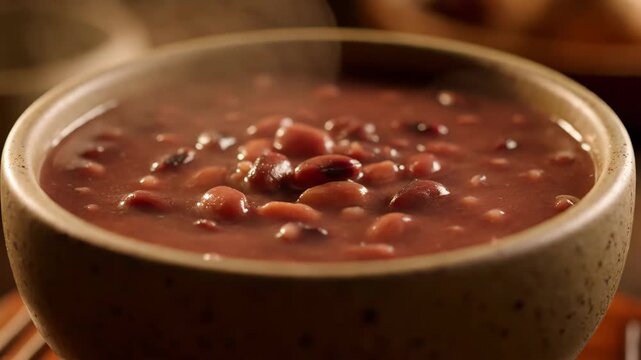 Closeup of steaming hot cooked beans (feij&atilde;o) in a rustic ceramic bowl, highlighting nutritious legumes served as traditional comfort food.