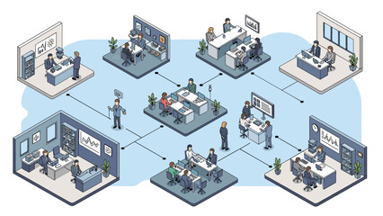 Obraz premium Detailed isometric illustration shows a interconnected business network with people working in various office departments and meetings.