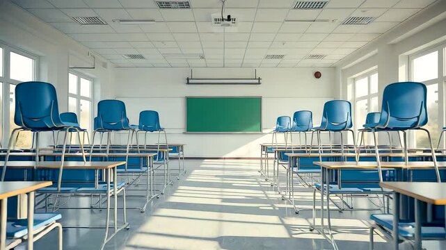 Empty classroom with desks and chairs arranged in rows under bright daylight creating calm academic atmosphere inside modern school interior