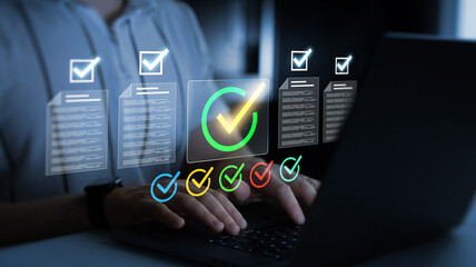 Check digital documents on laptop with checklist approval icon, verification, workflow control, productivity and online document management	
