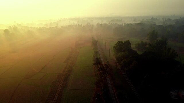 Sunrise Over Heavy Winter Smog in Rural Countryside