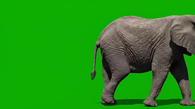 A majestic elephant walks across a vibrant green screen background, ready for creative use