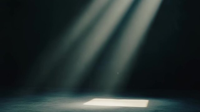 Sunlight cutting through abstract dark background, illuminating a rectangular patch on the textured concrete floor, creating a mysterious atmospheric spotlight effect