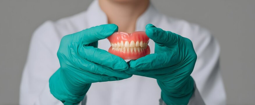 Dentist gently holding full dentures with care and hopeful reassurance in teal gloves