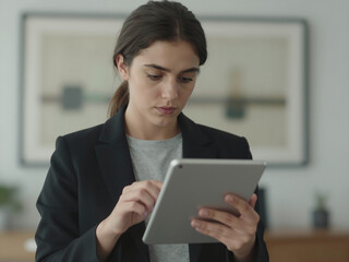 Fototapeta premium Focused Young Businesswoman In Black Blazer Using Digital Tablet In Modern Office