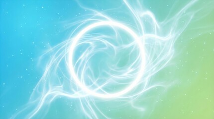 Fototapeta premium 青と緑のグラデーション背景に輝く白い光の渦と円形