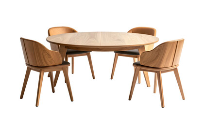 Wooden dining set featuring a round table & four chairs, neutral color palette, studio shot