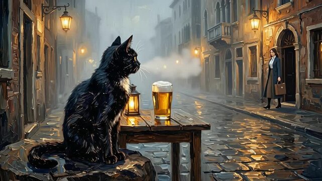 Black cat sits beside beer on wet European street at night, woman walks by, for an urban leisure concept and atmospheric painterly ambiance