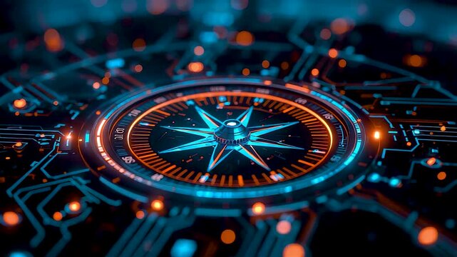 Glowing digital compass interface on advanced circuit surface with radial light elements and precision technology design in dark environment