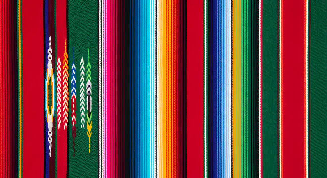 Colorful woven serape blanket with vertical stripes and geometric patterns textile