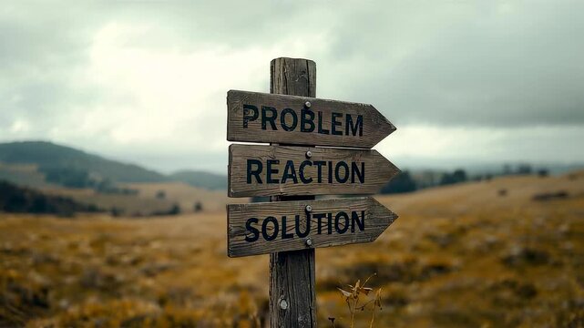 Wooden signpost showing problem reaction solution choices in open countryside guiding decision making toward better outcomes