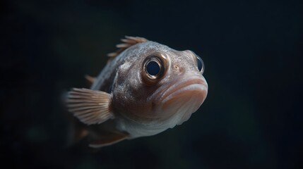 Obraz premium Close up of a small curious fish with large eyes swimming in dark deep water