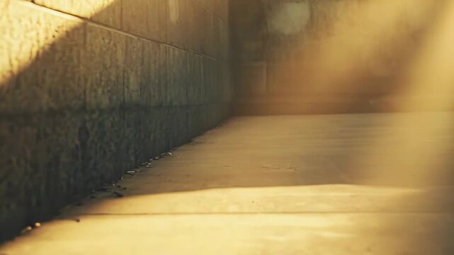 Golden sunlight streams dramatically through an empty architectural concrete corridor, illuminating dust particles in the air and creating strong contrasts of light and shadow on the floor and wall