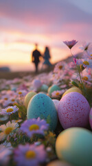 Pastel Easter eggs scattered across a spring flower field as a woman and a man walk romantically under soft sunlight