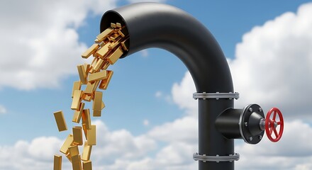 Gold bars flowing out of a black pipeline against a blue sky, representing a golden stream of profit and wealth.