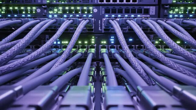 Server rack with network cables and lights