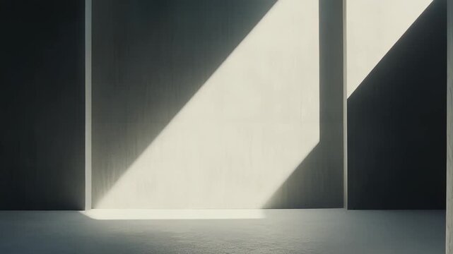 Empty minimalistic architecture featuring stark concrete textures and compelling diagonal shadows, emphasizing the interplay between light and structure in a quiet, modern space