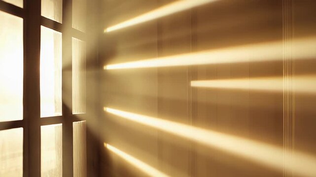 Golden sun rays streaming through a grid window, warm beams and soft shadows creating an abstract, hopeful interior background with gold light, texture and calm energy