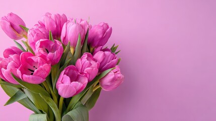 Obraz premium A vibrant bouquet of pink tulips against a soft pink background, creating a cheerful and fresh aesthetic.