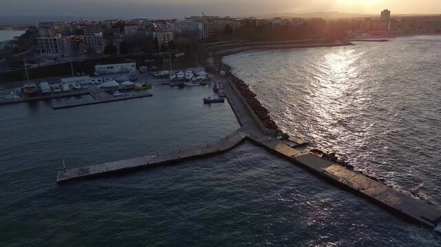 Aerial view of Nessebar with a pier on a peninsula in the Black Sea, Bulgaria