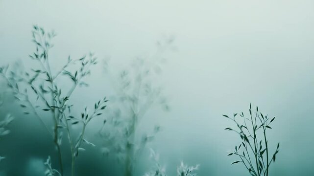 Delicate grass stems with tiny leaves reach upwards against a soft, ethereal teal and blue background, creating a serene and minimalist natural scene expressing peace and new growth