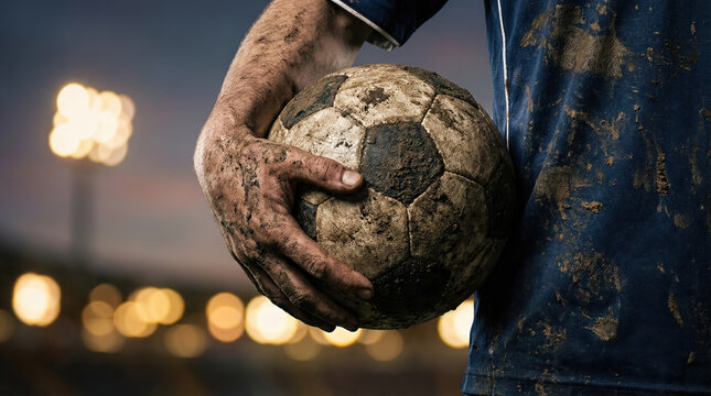 Muddy hand tightly holding worn soccer ball with dirty blue jersey in dimly lit stadium, showing determination and grit