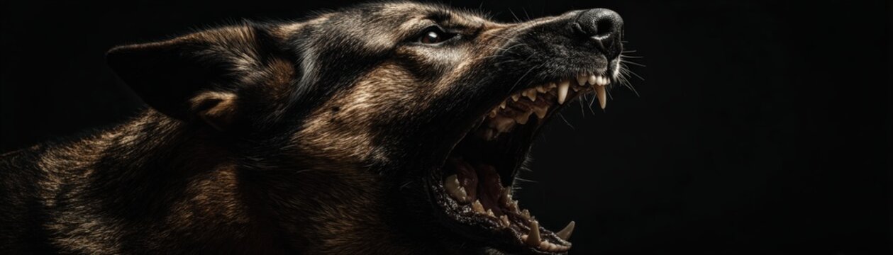 A fierce German Shepherd barks aggressively, showcasing its sharp teeth against a dark background, highlighting its protective nature.