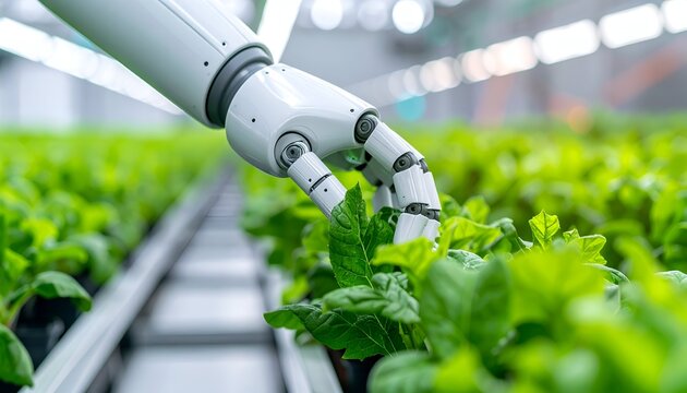 A robotic arm tending to rows of vibrant green plants in a greenhouse