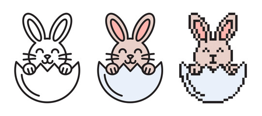Obraz premium Easter bunny in egg shell icon set. Includes linear with editable stroke, flat color and pixel art styles. Cute rabbit character vector. Minimalist spring holiday graphics.